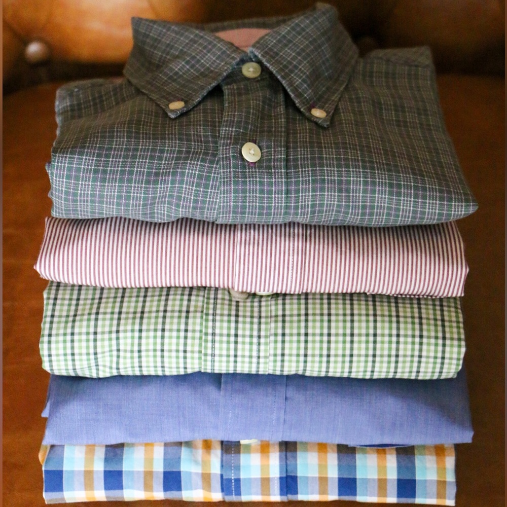 5 dress shirts - Brooks Brothers (M or similar); Orvis (M). 100% cotton.